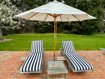 Pair Of Kingsley Bate Lounge Chairs With Single Teak Table And Sunbrella Umbrella With Stand