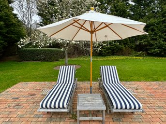 Pair Of Kingsley Bate Lounge Chairs With Single Teak Table And Sunbrella Umbrella With Stand