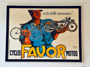 Large Framed Vintage French Poster By Bellenger 1937 - Cycles Favor Motos 'de La Belle Mecanique!'