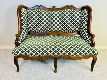 Antique French Love Seat With Cream And Moss Green Fabric