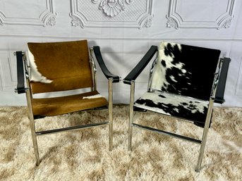 Pair Of Le Corbusier- Style Basculant Cowhide Sling Armchairs - Brown And Black
