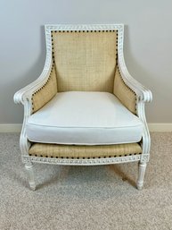 Custom Cream Cotton And And Grasscloth Armchair With Painted Wood Frame With Brass Nailhead Detail