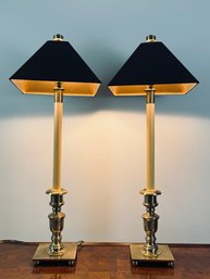 Pair Of Brass Stick Lamps With Black Faux Snake Shades