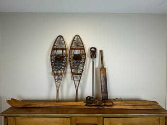 Collection Of Vintage Snowshoes, Wooden Skis, Seat And Paddle