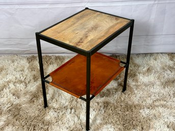 Black Metal Frame Side Table With Wood Insert And Single Shelf