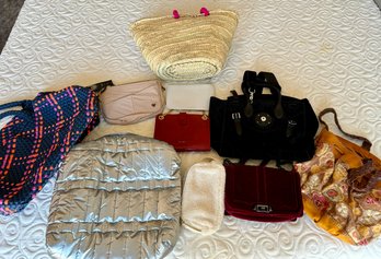 Assortment Of Ten Womens Handbags & Clutches