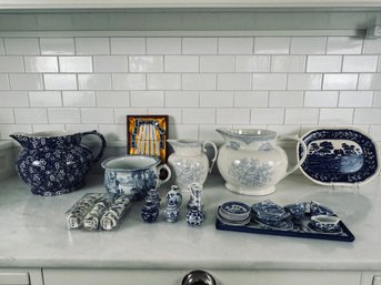 Collection Of Blue And White Ceramics And Decorative Items