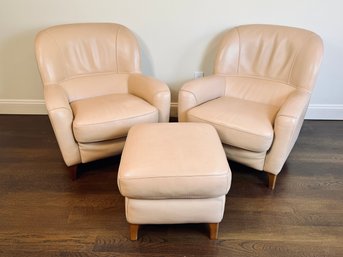 Pair Of Rivolta Tan Leather Armchairs With Ottoman