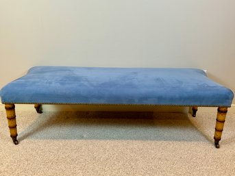 Cornflower Blue Ultrasuede Bench With Painted Wood Legs On Wheels