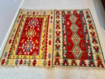 Pair Of Flat Weave Area Rugs - Reds, Purple, Yellows, Greens, Tan