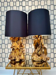 Pair Of Ashland Table Lamps With Black Silk Shades - Organic Wood Painted Gold - Purchased For $1800.00