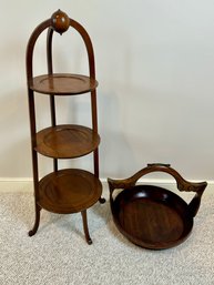 Dark Wood Plate Stand With Chinese Export Wooden Basket