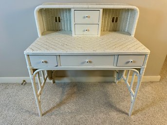 Vintage Painted White Wicker Desk With Five Drawers