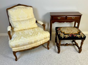 Sherrill Armchair With Yellow Damask Fabric With Hathaways Two Drawer Small Table