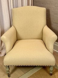 Cream Linen Arm Chair With Nailhead Trim On Grey Elm Wood Legs With Wheels - Purchased For $1485.00