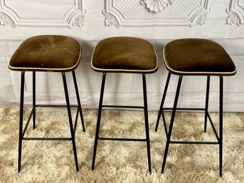 Three Gubi Beetle Bar Stools In Chocolate Velvet With Black Metal Legs