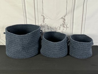 Collection Of Three Blue Woven Nesting Storage Baskets