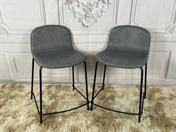 Pair Of CB2 Primitivo COUNTER HEIGHT Bar Stools - Inca Leather In Sterling