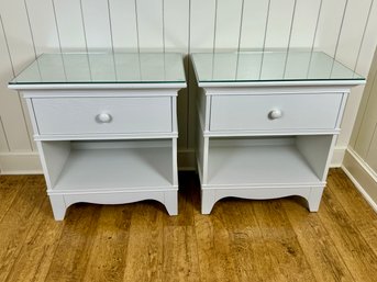 Pair Of White Wood Nightstands With Glass Tops - Pottery Barn Style