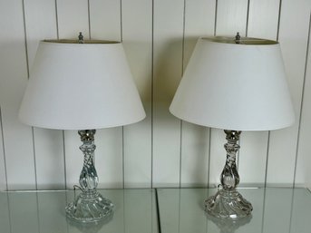 Pair Of Clear Glass Lamps With White Linen Shades
