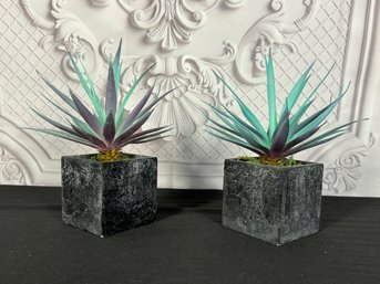 Pair Of Decorative Faux Succulents In Stone-look Wood Boxes