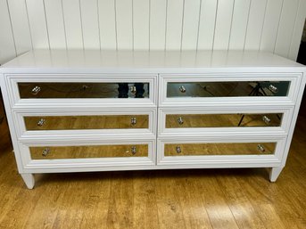 White Wood Six Drawer Dresser With Mirror Fronts And Chrome Knobs - Some Signs Of Use On Top