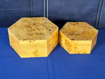 Pair Of Crate & Barrel Hexagonal Wood Storage Boxes With Birdseye Veener