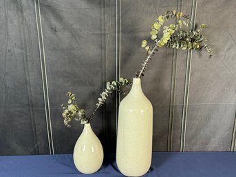 Pair Of Unmarked Gray Crackle-finish Vases With Faux Plants