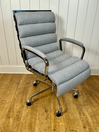 Restoration Hardware Office Chair - Chrome And Black Leather Straps With Grey And White Cushion