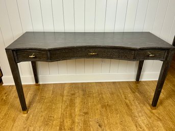 Distressed Stained Dark Wood Three Drawer Console Table With Brass Metal Feet And Brass Hardware