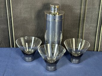 Modern CB2 Cocktail Shaker With Three Mercury Glass Base Glasses