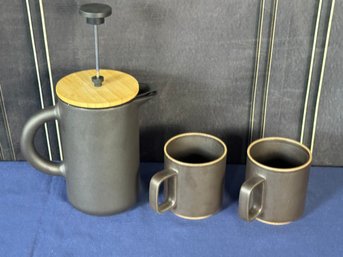 Modern Ceramic French Press With Two Porcelain Coffee Mugs