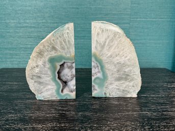Pair Of Geode Bookends - Turquoise And Grays