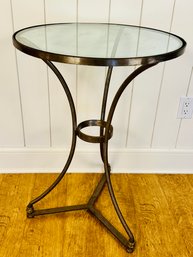 Small Round Aged Brass Metal Table With Glass Top