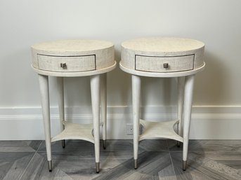 Pair Of Off White Small Round Raffia Wrapped Side Tables With 1 Drawer - Purchased For $2000.00