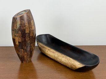 R & Y Augousti Paris Carved Wood Vase And Wood Baguette Bowl