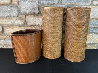Two Rattan Umbrella Stands And Selamat Design Rubbish Bin (Purchased For $90.00)