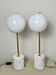Pair Of West Elm Modern Sphere And Stem Table Lamps - Marble & Brass With Globe Light - Purchased For $398.00