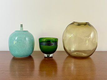 Three Pieces Of Signed Glass And Ceramic