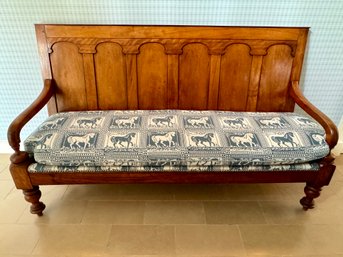 Antique Custom Equestrian Print Upholstered Bench With Nailhead Detail - Blue And White