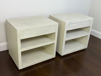 Pair Of Cream Ann Holden Designs Signature Grasscloth Covered Nightstands With Single Drawer - $3600.00 Pair