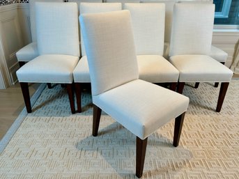 Set Of Ten White Basket Weave Custom Fabric And Dark Walnut Nappoli Chairs - Purchased For $10,000.00