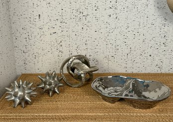 Collection Of Three Decorative Silver Metal Decorative Pieces And One Silver Glazed Ceramic Serving Dish