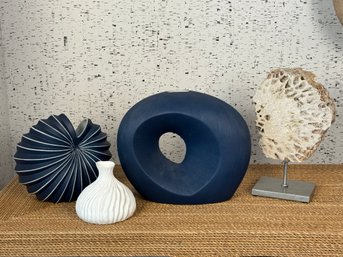 Collection Of Four Decorative Navy And White Ceramic Pieces And Palecek Coral On Metal Stand