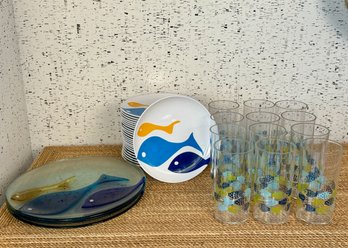 Pottery Barn Fish School Melamine Outdoor Dishes, Plastic Highball  And Three Glass Serving Plates