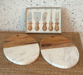 Collection Of William Sonoman Olive Wood And Marble Cheese Boards And Brand New Italian Cheese Knives