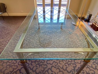 Large Glass Top Dining Table With Chrome And Black Metal Base