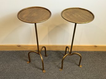 Pair Of Round Brass Colored Metal Tables With Three Feet