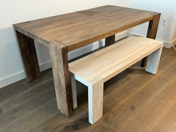 Solid Dark Wood Dining Table With Color Contrasted Bleached Wood Bench