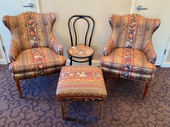 Collection Of Two Wing Chairs And Ottoman And Metal Chair With Matching Fabric Seat